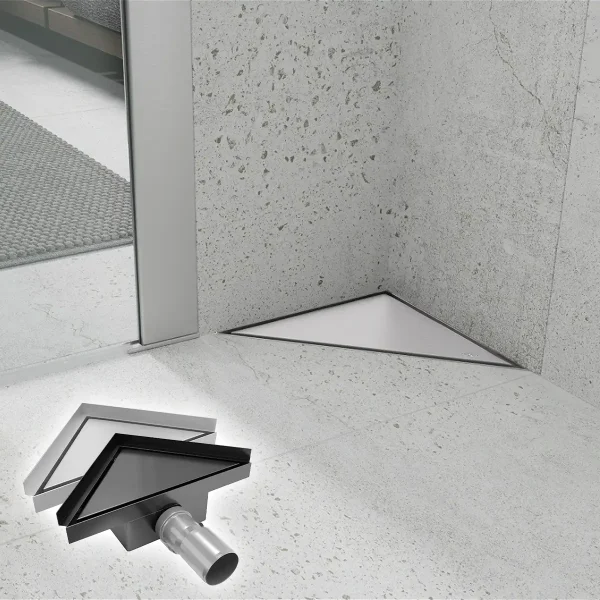 Rigolă de duș cu montare pe colț TRIAN | 20 cm | Inox și Negru | Mexen